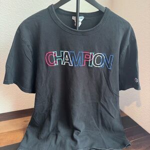 Champion Black Tee with Multicolor Logo